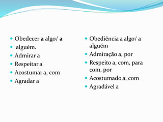  Obedecer a algo/ a
 alguém.
 Admirar a
 Respeitar a
 Acostumar a, com
 Agradar a
 Obediência a algo/ a
alguém
 Admiração a, por
 Respeito a, com, para
com, por
 Acostumado a, com
 Agradável a
 