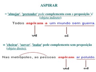ASPIRAR
= 'almejar', 'pretender' pede complemento com a preposição 'a'
(objeto indireto):
  
= 'cheirar', 'sorver', 'inalar' pede complemento sem preposição
(objeto direto):
  
  
 