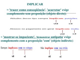 IMPLICAR
= 'trazer como conseqüência', 'acarretar' exige
complemento sem preposição (objeto direto):
= 'mostrar-se impaciente', 'demonstrar antipatia' exige
complemento com a preposição 'com' (objeto indireto):
 