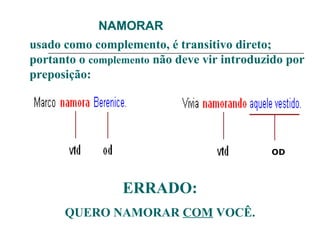NAMORAR
usado como complemento, é transitivo direto;
portanto o complemento não deve vir introduzido por
preposição:
ERRADO:
QUERO NAMORAR COM VOCÊ.
OD
 