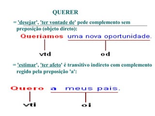 QUERER
= 'desejar', 'ter vontade de' pede complemento sem
preposição (objeto direto):
= 'estimar', 'ter afeto' é transitivo indireto com complemento
regido pela preposição 'a':
 
