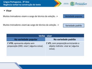 Língua Portuguesa , 3º Ano
Regência verbal na construção do texto
 Visar
Muitos treinadores visam o cargo de técnico da s...