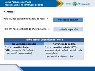 Língua Portuguesa , 3º Ano
Regência verbal na construção do texto
 Assistir
Pela TV, nós assistimos o show de rock. -> Va...