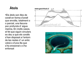 Àtols
•Els àtols son illes de
corall en forma d’anell
que envolta, totalment o
o parcial, una llacuna
poc profunda d’ aigua
marina, En molts casos,
el fet que siguin circulars
es deu a que els coralls
s’han disposat a l’entorn
de les restes d’ un antic
volcà o d’una illa que
s’ha erosionat o s’ha
enfonsat
 