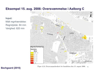 Eksempel 15. aug. 2006: Oversvømmelse i Aalborg C
Input:
Målt regnhændelse:
Regndybde: 84 mm
Varighed: 820 min
Bechgaard (...