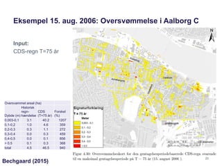 Eksempel 15. aug. 2006: Oversvømmelse i Aalborg C
Bechgaard (2015)
Input:
CDS-regn T=75 år
Oversvømmet areal (ha)
Dybde (m...