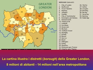 La cartina illustra i distretti (borough) della Greater London.
8 milioni di abitanti - 14 milioni nell’area metropolitana
 