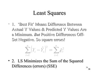 3636
Least SquaresLeast Squares
• 1.1. ‘Best Fit’ Means Difference Between‘Best Fit’ Means Difference Between
Actual Y Values & Predicted Y Values AreActual Y Values & Predicted Y Values Are
a Minimum.a Minimum. ButBut Positive Differences Off-Positive Differences Off-
Set Negative. So square errors!Set Negative. So square errors!
• 2.2. LS Minimizes the Sum of the SquaredLS Minimizes the Sum of the Squared
Differences (errors) (SSE)Differences (errors) (SSE)
( ) ∑∑ ==
=−
n
i
i
n
i
ii YY
1
2
1
2
ˆˆ ε
36
 