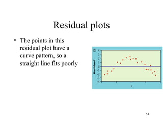Residual plots
• The points in this
residual plot have a
curve pattern, so a
straight line fits poorly
54
 