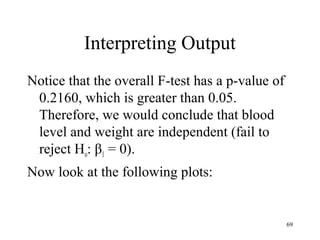 Interpreting Output
Notice that the overall F-test has a p-value of
0.2160, which is greater than 0.05.
Therefore, we would conclude that blood
level and weight are independent (fail to
reject Ho: β1 = 0).
Now look at the following plots:
69
 
