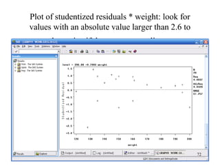 Plot of studentized residuals * weight: look for
values with an absolute value larger than 2.6 to
determine if there are any outliers.
72
 