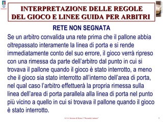 INTERPRETAZIONE DELLE REGOLE DEL GIOCO E LINEE GUIDA PER ARBITRI   RETE NON SEGNATA Se un arbitro convalida una rete prima che il pallone abbia oltrepassato interamente la linea di porta e si rende immediatamente conto del suo errore, il gioco verrà ripreso con una rimessa da parte dell’arbitro dal punto in cui si trovava il pallone quando il gioco è stato interrotto, a meno che il gioco sia stato interrotto all’interno dell’area di porta, nel qual caso l’arbitro effettuerà la propria rimessa sulla linea dell’area di porta parallela alla linea di porta nel punto più vicino a quello in cui si trovava il pallone quando il gioco è stato interrotto. 