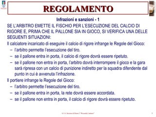 REGOLAMENTO Infrazioni e sanzioni - 1 SE L’ARBITRO EMETTE IL FISCHIO PER L’ESECUZIONE DEL CALCIO DI RIGORE E, PRIMA CHE IL PALLONE SIA IN GIOCO, SI VERIFICA UNA DELLE SEGUENTI SITUAZIONI: Il calciatore incaricato di eseguire il calcio di rigore infrange le Regole del Gioco: l’arbitro permette l’esecuzione del tiro. se il pallone entra in porta, il calcio di rigore dovrà essere ripetuto. se il pallone non entra in porta, l’arbitro dovrà interrompere il gioco e la gara sarà ripresa con un calcio di punizione indiretto per la squadra difendente dal punto in cui è avvenuta l’infrazione. Il portiere infrange le Regole del Gioco: l’arbitro permette l’esecuzione del tiro. se il pallone entra in porta, la rete dovrà essere accordata. se il pallone non entra in porta, il calcio di rigore dovrà essere ripetuto. 