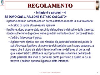 REGOLAMENTO Infrazioni e sanzioni – 4 SE DOPO CHE IL PALLONE È STATO CALCIATO: il pallone entra in contatto con un corpo estraneo durante la sua traiettoria: il calcio di rigore dovrà essere ripetuto. il pallone, dopo essere stato respinto dal portiere o dai pali o dalla traversa, ricade sul terreno di gioco e viene quindi in contatto con un corpo estraneo: l’arbitro interrompe il gioco; il gioco verrà ripreso con una rimessa da parte dell’arbitro nel punto in cui si trovava il pallone al momento del contatto con il corpo estraneo,  a meno che il gioco sia stato interrotto all’interno dell’area di porta, nel qual caso l’arbitro effettuerà la propria rimessa sulla linea dell’area di porta parallela alla linea di porta nel punto più vicino a quello in cui si trovava il pallone quando il gioco è stato interrotto . 
