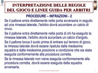 INTERPRETAZIONE DELLE REGOLE DEL GIOCO E LINEE GUIDA PER ARBITRI   PROCEDURE – INFRAZIONI - 2 Se il pallone entra direttamente nella porta avversaria in seguito ad una rimessa laterale, l'arbitro dovrà accordare un calcio di rinvio. Se il pallone entra direttamente nella porta di chi ha eseguito la rimessa laterale, l'arbitro dovrà accordare un calcio d'angolo. Se il pallone tocca il suolo prima di entrare sul terreno di gioco, la rimessa laterale dovrà essere ripetuta dalla medesima squadra e dalla medesima posizione a condizione che sia stata eseguita conformemente alla procedura corretta. Se la rimessa laterale non viene eseguita conformemente alla procedura corretta, dovrà essere eseguita dalla squadra avversaria. 