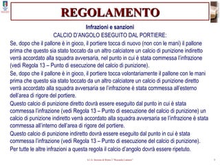REGOLAMENTO Infrazioni e sanzioni CALCIO D’ANGOLO ESEGUITO DAL PORTIERE: Se, dopo che il pallone è in gioco, il portiere tocca di nuovo (non con le mani) il pallone prima che questo sia stato toccato da un altro calciatore un calcio di punizione indiretto verrà accordato alla squadra avversaria, nel punto in cui è stata commessa l’infrazione (vedi Regola 13 – Punto di esecuzione del calcio di punizione). Se, dopo che il pallone è in gioco, il portiere tocca volontariamente il pallone con le mani prima che questo sia stato toccato da un altro calciatore un calcio di punizione diretto verrà accordato alla squadra avversaria se l’infrazione è stata commessa all’esterno dell’area di rigore del portiere. Questo calcio di punizione diretto dovrà essere eseguito dal punto in cui è stata commessa l’infrazione (vedi Regola 13 – Punto di esecuzione del calcio di punizione) un calcio di punizione indiretto verrà accordato alla squadra avversaria se l’infrazione è stata commessa all’interno dell’area di rigore del portiere. Questo calcio di punizione indiretto dovrà essere eseguito dal punto in cui è stata commessa l’infrazione (vedi Regola 13 – Punto di esecuzione del calcio di punizione). Per tutte le altre infrazioni a questa regola il calcio d’angolo dovrà essere ripetuto. 