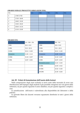 ORARIO SERALE PROGETTO SIRIO (SEDE ITIS)
Ora                                         Lun.   Mar.          Mer.    Gio.           Ven.

1             17.00 -17.50

2             17.50 – 18.40

3             18.40 – 19.30

4             19.30 – 20.20

5             20.20 – 21.10

6             21.10 – 22.00




ORARIO ITG
                              Lun – Mer – Gio                           Mar - Ven

I ORA                         8.15 – 9.13          I ORA                8.15 – 9.13

II ORA                        9.13 – 10.11         II ORA               9.13 – 10.11

III ORA                       10.11 – 11.04        III ORA              10.11 – 11.04

ricreazione                   11.04 – 11.14        ricreazione          11.04 – 11.14

IV ORA                        11.14 – 12.07        IV ORA               11.14 – 12.07

V ORA                         12.07 – 13.05        V ORA                12.07 – 13.24

                                                   Ricreazione pranzo   13.24 – 13.44

                                                   VI ORA               13.44 – 14.32

                                                   VII ORA              14.32 – 15.30

                                                   VIII ORA             15.30 – 16.28




      Art. 29 Criteri di formulazione dell’orario delle lezioni
       Nella composizione degli orari scolastici si terrà conto della necessità di avere una
    distribuzione dell’impegno degli studenti il più possibile omogenea nei vari giorni della
    settimana, sia per quanto riguarda il carico didattico, sia per quanto riguarda i compiti a
    casa.
       La pianificazione dell'orario è subordinata alla disponibilità dei laboratori e della
    palestra
       Le giornate libere dei docenti verranno equamente distribuite in tutti i giorni della
    settimana.




                                                   22
 