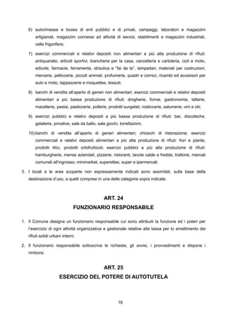 6) autorimesse e boxes di enti pubblici e di privati, campeggi, laboratori e magazzini
       artigianali, magazzini connessi ad attività di servizi, stabilimenti e magazzini industriali,
       celle frigorifere;

   7) esercizi commerciali e relativi depositi non alimentari a più alta produzione di rifiuti:
       antiquariato, articoli sportivi, biancheria per la casa, cancelleria e cartoleria, cicli e moto,
       edicole, farmacie, ferramenta, idraulica e “fai da te”, lampadari, materiali per costruzioni,
       mercerie, pelliccerie, piccoli animali, profumerie, quadri e cornici, ricambi ed accessori per
       auto e moto, tappezzerie e moquettes, tessuti;

   8) banchi di vendita all’aperto di generi non alimentari; esercizi commerciali e relativi depositi
       alimentari a più bassa produzione di rifiuti: drogherie, fornai, gastronomie, latterie,
       macellerie, pastai, pasticcerie, pollerie, prodotti surgelati, rosticcerie, salumerie, vini e olii;

   9) esercizi pubblici e relativi depositi a più bassa produzione di rifiuti: bar, discoteche,
       gelaterie, privative, sale da ballo, sale giochi, torrefazioni;

   10) banchi di vendita all’aperto di generi alimentari; chioschi di ristorazione; esercizi
       commerciali e relativi depositi alimentari a più alta produzione di rifiuti: fiori e piante,
       prodotti ittici, prodotti ortofrutticoli; esercizi pubblici a più alta produzione di rifiuti:
       hamburgherie, mense aziendali, pizzerie, ristoranti, tavole calde e fredde, trattorie, mercati
       comunali all’ingrosso; minimarket, superettes, super e ipermercati.

3. I locali e le aree scoperte non espressamente indicati sono assimilati, sulla base della
   destinazione d’uso, a quelli compresi in una delle categorie sopra indicate.



                                               ART. 24
                                FUNZIONARIO RESPONSABILE

1. Il Comune designa un funzionario responsabile cui sono attribuiti la funzione ed i poteri per
   l’esercizio di ogni attività organizzativa e gestionale relative alla tassa per lo smaltimento dei
   rifiuti solidi urbani interni.

2. Il funzionario responsabile sottoscrive le richieste, gli avvisi, i provvedimenti e dispone i
   rimborsi.


                                               ART. 25
                       ESERCIZIO DEL POTERE DI AUTOTUTELA



                                                        18
 