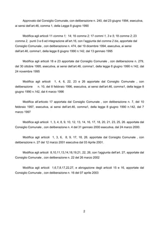 Approvato dal Consiglio Comunale, con deliberazione n. 240, del 23 giugno 1994, esecutiva,
ai sensi dell’art.46, comma 1, della Legge 8 giugno 1990


     Modifica agli articoli 11 comma 1; 14; 16 comma 2; 17 commi 1, 3 e 5; 18 comma 2; 23
comma 2, punti 3 e 6 ed integrazione all’art.16, con l’aggiunta del comma 2 bis, apportate dal
Consiglio Comunale , con deliberazione n. 474, del 19 dicembre 1994, esecutiva, ai sensi
dell’art.46, comma1, della legge 8 giugno 1990 n.142, dal 13 gennaio 1995


     Modifica agli articoli 18 e 23 apportate dal Consiglio Comunale , con deliberazione n. 279,
del 30 ottobre 1995, esecutiva, ai sensi dell’art.46, comma1, della legge 8 giugno 1990 n.142, dal
24 novembre 1995


     Modifica agli articoli   1, 4, 6, 22, 23 e 26 apportate dal Consiglio Comunale , con
deliberazione    n. 10, del 8 febbraio 1996, esecutiva, ai sensi dell’art.46, comma1, della legge 8
giugno 1990 n.142, dal 4 marzo 1996


     Modifica all’articolo 17 apportata dal Consiglio Comunale , con deliberazione n. 7, del 10
febbraio 1997, esecutiva, ai sensi dell’art.46, comma1, della legge 8 giugno 1990 n.142, dal 7
marzo 1997


     Modifica agli articoli 1, 3, 4, 8, 9, 10, 12, 13, 14, 16, 17, 18, 20, 21, 23, 25, 26. apportate dal
Consiglio Comunale , con deliberazione n. 4 del 31 gennaio 2000 esecutiva, dal 24 marzo 2000.


     Modifica agli articoli 1, 3, 6, 8, 9, 17, 18, 26. apportate dal Consiglio Comunale , con
deliberazione n. 27 del 12 marzo 2001 esecutiva dal 03 Aprile 2001.


     Modifica agli articoli 8,10,11,13,14,18,19,21, 22, 26, con l’aggiunta dell’art. 27, apportate dal
Consiglio Comunale , con deliberazione n. 22 del 26 marzo 2002


     Modifica agli articoli 1,6,7,8,17,22,27, e abrogazione degli articoli 15 e 16, apportate dal
Consiglio Comunale , con deliberazione n. 16 del 07 aprile 2003




                                                      2
 