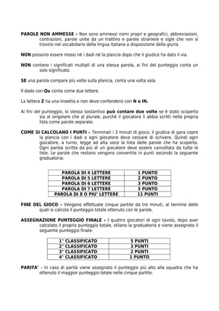 PAROLE NON AMMESSE – Non sono ammessi nomi propri e geografici, abbreviazioni,
       contrazioni, parole unite da un trattino e parole straniere e sigle che non si
       trovino nel vocabolario della lingua italiana a disposizione della giuria.

NON possono essere mossi né i dadi né la plancia dopo che il giudice ha dato il via.

NON contano i significati multipli di una stessa parola, ai fini del punteggio conta un
       solo significato.

SE una parola compare più volte sulla plancia, conta una volta sola.

Il dado con Qu conta come due lettere.

La lettera Z ha una lineetta e non deve confondersi con N o IN.

Ai fini del punteggio, lo stesso sostantivo può contare due volte se è stato scoperto
          sia al singolare che al plurale, purchè il giocatore li abbia scritti nella propria
          lista come parole separate.

COME SI CALCOLANO I PUNTI – Terminati i 3 minuti di gioco, il giudice di gara copre
       la plancia con i dadi e ogni giocatore deve cessare di scrivere. Quindi ogni
       giocatore, a turno, legge ad alta voce la lista delle parole che ha scoperto.
       Ogni parola scritta da più di un giocatore deve essere cancellata da tutte le
       liste. Le parole che restano vengono convertite in punti secondo la seguente
       graduatoria:


                    PAROLA DI 4 LETTERE                      1 PUNTO
                    PAROLA DI 5 LETTERE                      2 PUNTO
                    PAROLA DI 6 LETTERE                      3 PUNTO
                    PAROLA DI 7 LETTERE                      5 PUNTO
                 PAROLA DI 8 O PIU’ LETTERE                  11 PUNTI

FINE DEL GIOCO – Vengono effettuate cinque partite da tre minuti, al termine delle
       quali si calcola il punteggio totale ottenuto con le parole.

ASSEGNAZIONE PUNTEGGIO FINALE – I quattro giocatori di ogni tavolo, dopo aver
      calcolato il proprio punteggio totale, stilano la graduatoria e viene assegnato il
      seguente punteggio finale:

                   1°   CLASSIFICATO                     5 PUNTI
                   2°   CLASSIFICATO                     3 PUNTI
                   3°   CLASSIFICATO                     2 PUNTI
                   4°   CLASSIFICATO                     1 PUNTO

PARITA’ – In caso di parità viene assegnato il punteggio più alto alla squadra che ha
       ottenuto il maggior punteggio totale nelle cinque partite.
 
