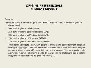 Esempio:
televisore fabbricato nelle Filippine (N.C. 85287231) utilizzando materiali originari di
diversi paesi:
- 30% parti originarie del Giappone;
- 25% parti originarie delle Filippine (ASEAN);
- 18% parti originarie dell’Indonesia (ASEAN);
- 15% parti originarie di Singapore (ASEAN);
- 12% parti originarie della Thailandia (ASEAN)
l’origine del televisore sarà ASEAN perché la quota-parte dei componenti originari
impiegati raggiunge il 70% del valore del prodotto finito; sarà dichiarata l’origine
del paese dove è stata effettuata l’ultima trasformazione (TH), se superiore alle
operazioni minime; altrimenti quella del paese che ha contribuito con il valore
maggiore alla realizzazione del prodotto finito (PH).
ORIGINE PREFERENZIALE
CUMULO REGIONALE
 