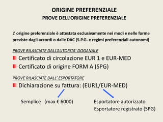 ORIGINE PREFERENZIALE
PROVE DELL’ORIGINE PREFERENZIALE
L’ origine preferenziale è attestata esclusivamente nei modi e nelle forme
previste dagli accordi o dalle DAC (S.P.G. e regimi preferenziali autonomi)
PROVE RILASCIATE DALL’AUTORITA’ DOGANALE
Certificato di circolazione EUR 1 e EUR-MED
Certificato di origine FORM A (SPG)
PROVE RILASCIATE DALL’ ESPORTATORE
Dichiarazione su fattura: (EUR1/EUR-MED)
Semplice (max € 6000) Esportatore autorizzato
Esportatore registrato (SPG)
 