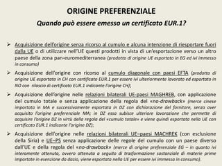 ORIGINE PREFERENZIALE
Quando può essere emesso un certificato EUR.1?
 Acquisizione dell’origine senza ricorso al cumulo e alcuna intenzione di riesportare fuori
dalla UE o di utilizzare nell’UE questi prodotti in vista di un’esportazione verso un altro
paese della zona pan-euromediterranea (prodotto di origine UE esportato in EG ed ivi immesso
in consumo)
 Acquisizione dell’origine con ricorso al cumulo diagonale con paesi EFTA (prodotto di
origine UE esportato in CH con certificato EUR.1 per essere ivi ulteriormente lavorato ed esportato in
NO con rilascio di certificato EUR.1 indicante l’origine CH);
 Acquisizione dell’origine nelle relazioni bilaterali UE-paesi MAGHREB, con applicazione
del cumulo totale e senza applicazione della regola del «no-drawback» (merce cinese
importata in MA e successivamente esportata in DZ con dichiarazione del fornitore, senza aver
acquisito l’origine preferenziale MA; in DZ essa subisce ulteriore lavorazione che permette di
acquisire l’origine DZ in virtù della regola del «cumulo totale» e viene quindi esportata nella UE con
certificato EUR.1 indicante l’origine DZ);
 Acquisizione dell’origine nelle relazioni bilaterali UE–paesi MACHREK (con esclusione
della Siria) e UE–PS senza applicazione delle regole del cumulo con un paese diverso
dall’UE e della regola del «no-drawback» (merce di origine preferenziale EG – in quanto ivi
interamente ottenuta, ovvero ottenuta a seguito di trasformazione sostanziale di materie prime
importate in esenzione da dazio, viene esportata nella UE per essere ivi immessa in consumo).
 