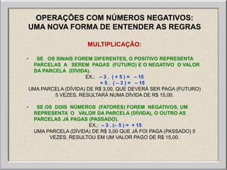 OPERAÇÕES COM NÚMEROS NEGATIVOS:
UMA NOVA FORMA DE ENTENDER AS REGRAS

                       MULTIPLICAÇÃO:

• SE OS SINAIS FOREM DIFERENTES, O POSITIVO REPRESENTA
 PARCELAS A SEREM PAGAS (FUTURO) E O NEGATIVO O VALOR
 DA PARCELA (DÍVIDA).
                    EX.: – 3 . ( + 5 ) = – 15
                          + 5 . ( – 3 ) = – 15
UMA PARCELA (DÍVIDA) DE R$ 3,00, QUE DEVERÁ SER PAGA (FUTURO)
        5 VEZES, RESULTARÁ NUMA DÍVIDA DE R$ 15,00.

•    SE OS DOIS NÚMEROS (FATORES) FOREM NEGATIVOS, UM
    REPRESENTA O VALOR DA PARCELA (DÍVIDA), O OUTRO AS
    PARCELAS JÁ PAGAS (PASSADO).
                       EX.: – 3 . (– 5 ) = + 15
    UMA PARCELA (DÍVIDA) DE R$ 3,00 QUE JÁ FOI PAGA (PASSADO) 5
         VEZES, RESULTOU EM UM VALOR PAGO DE R$ 15,00.
 