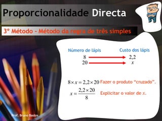 Prof. Bruno Bastos Proporcionalidade  Directa 3º Método - Método da regra de três simples Custo dos lápis Número de lápis Fazer o produto “cruzado”. Explicitar o valor de  x . 