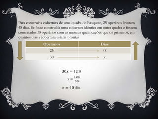 Para construir a cobertura de uma quadra de Basquete, 25 operários levaram
48 dias. Se fosse construída uma cobertura idêntica em outra quadra e fossem
contratados 30 operários com as mesmas qualificações que os primeiros, em
quantos dias a cobertura estaria pronta?
Operários Dias
25 48
30 x
 