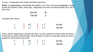 3º Caso = Comparação com número de Folhas impressas
Direta: se aumentamos a quantidade de trabalho a ser feito, precisamos aumentar a carga
horária de trabalho. Então, neste caso, coloquemos uma seta na mesma direção do X, isto é,
para cima.
240.000 10
480.000 x
Juntando tudo, temos:
3 10 4 240.000
2 X 6 480.000
Então, sempre respeitando o sentido das setas, ou seja, quando for inversa (seta vermelha)
invertemos os valores (denominador, parte de baixo, vai para o numerador, parte de cima) e
quando for direta deixa como está.
2 10 6 240.000
3 X 4 480.000
 