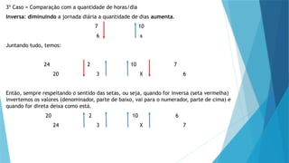3º Caso = Comparação com a quantidade de horas/dia
Inversa: diminuindo a jornada diária a quantidade de dias aumenta.
7 10
6 x
Juntando tudo, temos:
24 2 10 7
20 3 X 6
Então, sempre respeitando o sentido das setas, ou seja, quando for inversa (seta vermelha)
invertemos os valores (denominador, parte de baixo, vai para o numerador, parte de cima) e
quando for direta deixa como está.
20 2 10 6
24 3 X 7
 