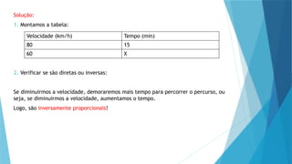 Solução:
1. Montamos a tabela:
2. Verificar se são diretas ou inversas:
Se diminuirmos a velocidade, demoraremos mais tempo para percorrer o percurso, ou
seja, se diminuirmos a velocidade, aumentamos o tempo.
Logo, são inversamente proporcionais!
Velocidade (km/h) Tempo (min)
80 15
60 X
 