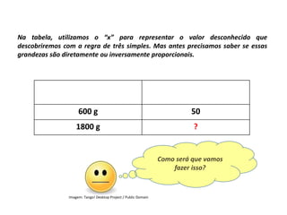 Matemática, 7º Ano do Ensino Fundamental
Proporção: regra de três simples – resolução de situações problema
Existem algumas
maneiras de analisarmos
esses resultados: as
medidas de tendência
central.
Ela é um ramo
importantíssimo da Matemática,
onde representamos as
informações de uma pesquisa por
meio de tabelas e gráficos.
Na tabela, utilizamos o “x” para representar o valor desconhecido que
descobriremos com a regra de três simples. Mas antes precisamos saber se essas
grandezas são diretamente ou inversamente proporcionais.
Como será que vamos
fazer isso?
Gramas de trigo Quantidade de biscoitos
600 g 50
1800 g ?
Imagem: Tango! Desktop Project / Public Domain
 