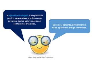 Matemática, 7º Ano do Ensino Fundamental
Proporção: regra de três simples – resolução de situações problema
Existem algumas
maneiras de analisarmos
esses resultados: as
medidas de tendência
central.
Ela é um ramo
importantíssimo da Matemática,
onde representamos as
informações de uma pesquisa por
meio de tabelas e gráficos.
Imagem: Tango! Desktop Project / Public Domain
A regra de três simples é um processo
prático para resolver problemas que
envolvam quatro valores dos quais
conhecemos três deles. Devemos, portanto, determinar um
valor a partir dos três já conhecidos.
 