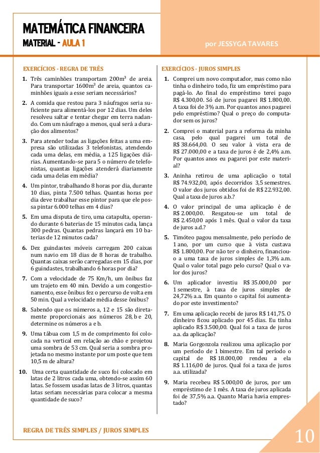 MATEMÁTICA FINANCEIRA - REGRA DE TRÊS SIMPLES / JUROS SIMPLES