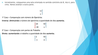  Inicialmente, coloquemos uma seta orientada no sentido contrário do X, isto é, para
cima. Vamos analisar a outra parte.
10
X
1º Caso = Comparação com número de Operários
Inversa: diminuindo o número de operários a quantidade de dias aumenta.
24 10
20 x
2º Caso = Comparação com partes do Trabalho
Direta: aumentando o trabalho a quantidade de dias aumenta.
2 10
3 X
 