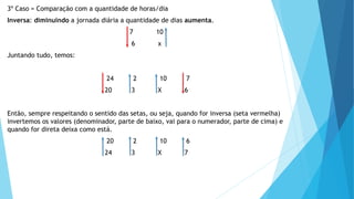 3º Caso = Comparação com a quantidade de horas/dia
Inversa: diminuindo a jornada diária a quantidade de dias aumenta.
7 10
6 x
Juntando tudo, temos:
24 2 10 7
20 3 X 6
Então, sempre respeitando o sentido das setas, ou seja, quando for inversa (seta vermelha)
invertemos os valores (denominador, parte de baixo, vai para o numerador, parte de cima) e
quando for direta deixa como está.
20 2 10 6
24 3 X 7
 