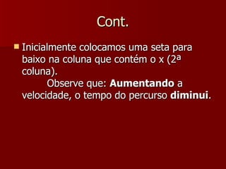 Cont.
   Inicialmente colocamos uma seta para
    baixo na coluna que contém o x (2ª
    coluna).
           Observe que: Aumentando a
    velocidade, o tempo do percurso diminui.
 