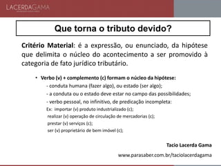 Que torna o tributo devido?
Critério Material: é a expressão, ou enunciado, da hipótese
que delimita o núcleo do acontecimento a ser promovido à
categoria de fato jurídico tributário.
• Verbo (v) + complemento (c) formam o núcleo da hipótese:
- conduta humana (fazer algo), ou estado (ser algo);
- a conduta ou o estado deve estar no campo das possibilidades;
- verbo pessoal, no infinitivo, de predicação incompleta:
Ex: importar (v) produto industrializado (c);
realizar (v) operação de circulação de mercadorias (c);
prestar (v) serviços (c);
ser (v) proprietário de bem imóvel (c);
Tacio Lacerda Gama
www.parasaber.com.br/taciolacerdagama
 