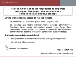 Direito tributário: 2 espécies de relação jurídica
- as de substância patrimonial (pagar tributo, pagar multa);
- os vínculos que fazem irromper meros deveres administrativos
(escriturar livros, prestar informações, expedir notas fiscais, fazer
declarações, manter dados, documentos à disposição das autoridades
administrativas, aceitar a fiscalização periódica de suas atividades).
Obrigação acessória (impropriedade):
- não apresentam elemento caracterizador dos laços obrigacionais;
- nem sempre são acessórias.
Deveres Instrumentais
Tacio Lacerda Gama
www.parasaber.com.br/taciolacerdagama
Relação Jurídica: onde são respondidas as perguntas
sobre quem deve pagar, quem deve receber e
como se calcula o que deve ser pago
 