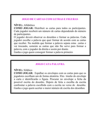 JOGO DE CARTAS COM LETRAS E FIGURAS
NÍVEL: Alfabético
COMO JOGAR: Distribuir as cartas para todos os participantes.
Cada jogador receberá um número de cartas dependendo do número
de participantes.
O jogador deverá observar os desenhos e formar as palavras. Cada
jogador escolhe a palavra que quer formar de acordo com as cartas
que receber. Na medida que formar a palavra separa estas cartas e
vai trocando, somente as outras que não lhe serve para formar a
palavra, com o jogador da direita e assim por diante.
Ganha o jogo quem conseguir formar a palavra primeiro

JOGO CATA PALAVRA
NÍVEL: Silábico
COMO JOGAR: Espalhar os envelopes com as cartas para que os
jogadores escolham um de forma aleatória. Eles tirarão do envelope
a carta e identificarão a figura. Procurar no envelope a ficha da
possível escrita do desenho. Depois de feita a escolha da escrita
confrontar a palavra escolhida com a escrita no verso do desenho.
Ganha o jogo quem acertar o maior número de escrita dos desenhos

 