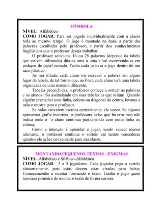 TÔMBOLA
NÍVEL: Alfabético
COMO JOGAR: Para ser jogado individualmente com a classe
toda ao mesmo tempo. O jogo é montado na hora, a partir das
palavras escolhidas pelo professor, a partir dos conhecimentos
lingüísticos que o professor deseja trabalhar.
O professor seleciona 16 ou 25 palavras (depende da tabela
que estiver utilizando) dita-as uma a uma e vai escrevendo-as em
pedaços de papel cortado. Fecha cada palavra e joga dentro de um
saco plástico.
Ao ser ditada, cada aluno irá escrever a palavra em algum
lugar da tabela, de tal forma que, ao final, cada aluno terá uma tabela
organizada de uma maneira diferente.
Tabelas preenchidas, o professor começa a sortear as palavras
e os alunos irão assinalando em suas tabelas as que saíram. Quando
alguém preencher uma linha, coluna ou diagonal do centro, levanta a
mão e mostra para o professor.
Se todas estiverem escritas corretamente, ele vence. Se alguma
apresentar grafia incorreta, o professora avisa que há erro mas não
indica onde e o aluno continua participando com outra linha ou
coluna.
Como a intenção é aprender e jogar, sendo vencer menos
relevante, o professor continua o sorteio até tantos vencedores
quantos ele achar conveniente para sua classe.
MONTANDO PEQUENOS TEXTOS - ENIGMAS
NÍVEL: Alfabético e Silábico-Alfabético
COMO JOGAR: 3 a 5 jogadores. Cada jogador pega a cartela
aleatoriamente, pois estas devem estar viradas para baixo;
Começamentão a montar formando o texto. Ganha o jogo quem
terminar primeiro de montar o texto de forma correta.

 