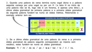 2. Quando uma palavra do verso termina numa vogal átona e a palavra
seguinte começa por uma vogal ou por um H (a letra H no início de
uma palavra não se lê, logo não é um fonema, é apenas uma letra), a
última sílaba gramatical da primeira palavra e a primeira sílaba gramatical
da segunda palavra fundem-se numa só sílaba métrica. Retomando o
exemplo anterior tem-se:
3. Se a última sílaba gramatical de uma palavra do verso e a primeira
sílaba gramatical da palavra seguinte correspondem ao mesmo som
vocálico, estas fundem-se numa só sílaba gramatical.
Exemplo: Tí / mi / da es / pe / ra a / bai / la / ri / na.
 