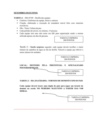 SETEMBRO (MATUTINO)
TAREFA 1 – DIA 07/09 – Desfile das equipes
 Critérios: Uniformes da equipe, faixas e cartazes.
 Criação, elaboração e execução de estandarte móvel feito com materiais
recicláveis.
 Obs.: Tema: Cultura da paz.
 Cada pelotão deverá ter, no mínimo, 15 pessoas.
 Cada equipe terá uma sala como seu QG para organização sendo a mesma
utilizada apenas em dias de gincana.
Tarefa 2 - Tarefa surpresa sugestão: cada equipe deverá recolher o maior
número de copinhos de água no dia do desfile. Vencerá a equipe que obtiver o
maior número de unidades.
LOCAL: DEFINIDO PELA PREFEITURA E OFICIALIZADO
POSTERIORMENTE
TAREFA 2 – DIA 20 (SÁBADO) - TORNEIO DE DOMINÓ COM OS PAIS
Cada equipe deverá trazer uma dupla de pais para jogar um torneio de
dominó na escola NO PERÍODO MATUTINO A PARTIR DAS 9:00
HORAS.
----------------------------------------------------------------------------------------------------------
TAREFA CUMPRIDA
300 PONTOS
TAREFA CUMPRIDA
200 PONTOS
TAREFA CUMPRIDA
200 PONTOS
TAREFA CUMPRIDA
300 PONTOS
 
