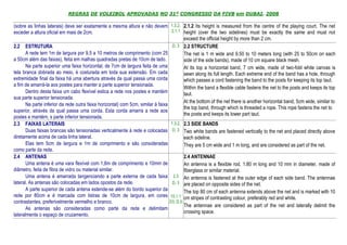 REGRAS DE VOLEIBOL APROVADAS NO 31º CONGRESSO DA FIVB em DUBAI, 2008

(sobre as linhas laterais) deve ser exatamente a mesma altura e não devem 1.3.2, 2.1.2 Its height is measured from the centre of the playing court. The net
exceder a altura oficial em mais de 2cm.                                           2.1.1 height (over the two sidelines) must be exactly the same and must not
                                                                                          exceed the official height by more than 2 cm.
2.2 ESTRUTURA                                                                       D. 3 2.2 STRUCTURE
       A rede tem 1m de largura por 9,5 a 10 metros de comprimento (com 25                The net is 1 m wide and 9.50 to 10 meters long (with 25 to 50cm on each
a 50cm além das faixas), feita em malhas quadradas pretas de 10cm de lado.                side of the side bands), made of 10 cm square black mesh.
       Na parte superior uma faixa horizontal, de 7cm de largura feita de uma             At its top a horizontal band, 7 cm wide, made of two-fold white canvas is
tela branca dobrada ao meio, é costurada em toda sua extensão. Em cada                    sewn along its full length. Each extreme end of the band has a hole, through
extremidade final da faixa há uma abertura através da qual passa uma corda                which passes a cord fastening the band to the posts for keeping its top taut.
a fim de amarrá-la aos postes para manter a parte superior tensionada.
                                                                                          Within the band a flexible cable fastens the net to the posts and keeps its top
       Dentro desta faixa um cabo flexível estica a rede nos postes e mantém              taut.
sua parte superior tensionada.
                                                                                          At the bottom of the net there is another horizontal band, 5cm wide, similar to
       Na parte inferior da rede outra faixa horizontal) com 5cm, similar à faixa
                                                                                          the top band, through which is threaded a rope. This rope fastens the net to
superior, através da qual passa uma corda. Esta corda amarra a rede aos
                                                                                          the posts and keeps its lower part taut.
postes e mantém, s parte inferior tensionada.
2.3 FAIXAS LATERAIS                                                                1.3.2, 2.3 SIDE BANDS
       Duas faixas brancas são tensionadas verticalmente à rede e colocadas D. 3 Two white bands are fastened vertically to the net and placed directly above
diretamente acima de cada linha lateral.                                                  each sideline.
       Elas tem 5cm de largura e 1m de comprimento e são consideradas                     They are 5 cm wide and 1 m long, and are considered as part of the net.
como parte da rede.
2.4 ANTENAS                                                                               2.4 ANTENNAE
       Uma antena é uma vara flexível com 1,8m de comprimento e 10mm de                   An antenna is a flexible rod, 1.80 m long and 10 mm in diameter, made of
diâmetro, feita de fibra de vidro ou material similar.                                    fiberglass or similar material.
       Uma antena é amarrada tangenciando a parte externa de cada faixa             2.3 An antenna is fastened at the outer edge of each side band. The antennae
lateral. As antenas são colocadas em lados opostos da rede.                         D. 3 are placed on opposite sides of the net.
       A parte superior de cada antena estende-se além do bordo superior da               The top 80 cm of each antenna extends above the net and is marked with 10
rede por 80cm e é marcada com listras de 10cm de largura, em cores 10.1.1 cm stripes of contrasting colour, preferably red and white.
contrastantes, preferivelmente vermelho e branco.                                 D3, D.5
                                                                                          The antennae are considered as part of the net and laterally delimit the
       As antenas são consideradas como parte da rede e delimitam
                                                                                          crossing space.
lateralmente o espaço de cruzamento.
 