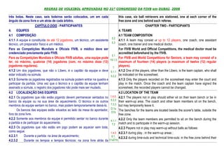 REGRAS DE VOLEIBOL APROVADAS NO 31º CONGRESSO DA FIVB em DUBAI, 2008

três bolas. Neste caso, seis boleiros serão colocados, um em cada                   this case, six ball retrievers are stationed, one at each corner of the
ângulo da zona livre e um atrás de cada árbitro.                                    free zone and one behind each referee.
                      CAPÍTULO DOIS - PARTICIPANTES                                                        CHAPTER TWO - PARTICIPANTS
4. EQUIPES                                                                          4. TEAMS
4.1 COMPOSIÇÃO                                                                      4.1 TEAM COMPOSITION
                                                                               5.2
4.1.1 A equipe é constituída de até 12 jogadores, um técnico, um assistente         4.1.1 A team may consist of up to 12 players, one coach, one assistant
                                                                               5.3
técnico, um preparador físico e um médico.                                          coach, one trainer and one medical doctor.
Para as Competições Mundiais e Oficiais FIVB, o médico deve ser                     For FIVB World and Official Competitions, the medical doctor must be
credenciado previamente pela FIVB.                                                  accredited beforehand by the FIVB.
                                                                               5.1
Para as Competições Mundiais e Oficiais FIVB adultas, uma equipe pode               For FIVB and World Competitions for Seniors, a team may consist of a
                                                                             19.1.3
ter, no máximo, quatorze (14) jogadores (com, no máximo doze (12)                   maximum of fourteen (14) players (a maximum of twelve (12) regular
jogadores regulares).                                                           1
                                                                                    players).
4.1.2 Um dos jogadores, que não o Líbero, é o capitão da equipe e deve 5.1.1 4.1.2 One of the players, other than the Libero, is the team captain, who shall
estar indicado na súmula.                                                     5.2.2 be indicated on the scoresheet.
4.1.3 Somente os jogadores registrados na súmula podem entrar na quadra e           4.1.3 Only the players recorded on the scoresheet may enter the court and
participar da partida. Uma vez que o técnico e o capitão da equipe tenham           play in the match. Once the coach and the team captain have signed the
assinado a súmula, o registro dos jogadores não pode mais ser mudado.               scoresheet, the recorded players cannot be changed.
4.2 LOCALIZAÇÃO DAS EQUIPES                                                         4.2 LOCATION OF THE TEAM
4.2.1 Os jogadores que não estão jogando devem permanecer sentados no        1.4.5, 4.2.1 The players not in play should either sit on their team bench or be in
banco da equipe ou na sua área de aquecimento. O técnico e os outros 5.2.3 their warm-up area. The coach and other team members sit on the bench,
membros da equipe sentam no banco, mas podem temporariamente deixá-lo. 7.3.3 but may temporarily leave it.
       Os bancos das equipes estão situados ao lado da mesa do apontador, D.1a The benches for the teams are located beside the scorer's table, outside the
                                                                              D1b
fora da zona livre.                                                                 free zone.
4.2.2 Somente aos membros da equipe é permitido sentar no banco durante             4.2.2 Only the team members are permitted to sit on the bench during the
                                                                              4.1.1
a partida e de participar do aquecimento.                                      7.2 match and to participate in the warm-up session.
4.2.3 Os jogadores que não estão em jogo podem se aquecer sem bola,                 4.2.3 Players not in play may warm-up without balls as follows:
como segue:                                                                   1.4.5 4.2.3.1 during play : in the warm-up areas ;
4.2.3.1     Durante a partida: na área de aquecimento;                        8.1, 4.2.3.2 during time-outs and technical time-outs: in the free zone behind their
4.2.3.2     Durante os tempos e tempos técnicos: na zona livre atrás da     D1aD1b
 