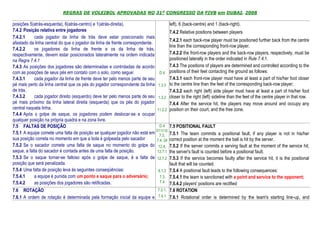 REGRAS DE VOLEIBOL APROVADAS NO 31º CONGRESSO DA FIVB em DUBAI, 2008

posições 5(atrás-esquerda), 6(atrás-centro) e 1(atrás-direita).                           left), 6 (back-centre) and 1 (back-right).
7.4.2 Posição relativa entre jogadores                                                    7.4.2 Relative positions between players
7.4.2.1     cada jogador da linha de trás deve estar posicionado mais
                                                                                          7.4.2.1 each back-row player must be positioned further back from the centre
afastado da linha central do que o jogador da linha de frente correspondente.
                                                                                          line than the corresponding front-row player.
7.4.2.2     os jogadores da linha de frente e os da linha de trás,
respectivamente, devem estar posicionados lateralmente na ordem indicada                  7.4.2.2 the front-row players and the back-row players, respectively, must be
na Regra 7.4.1                                                                            positioned laterally in the order indicated in Rule 7.4.1.
7.4.3 As posições dos jogadores são determinadas e controladas de acordo                  7.4.3 The positions of players are determined and controlled according to the
com as posições de seus pés em contato com o solo, como segue:                   D4       positions of their feet contacting the ground as follows:
7.4.3.1     cada jogador da linha de frente deve ter pelo menos parte de seu              7.4.3.1 each front-row player must have at least a part of his/her foot closer
pé mais perto da linha central que os pés do jogador correspondente da linha     1.3.3    to the centre line than the feet of the corresponding back-row player;
de trás.                                                                                  7.4.3.2 each right (left) side player must have at least a part of his/her foot
7.4.3.2     cada jogador direito (esquerdo) deve ter pelo menos parte de seu     1.3.2    closer to the right (left) sideline than the feet of the centre player in that row.
pé mais próximo da linha lateral direita (esquerda) que os pés do jogador                 7.4.4 After the service hit, the players may move around and occupy any
central naquela linha.                                                          11.2.2    position on their court, and the free zone.
7.4.4 Após o golpe de saque, os jogadores podem deslocar-se e ocupar
qualquer posição na própria quadra e na zona livre.
7.5 FALTAS DE POSIÇÃO                                                            D4       7.5 POSITIONAL FAULT
                                                                                D11(13)
7.5.1 A equipe comete uma falta de posição se qualquer jogador não está em       7.3,     7.5.1 The team commits a positional fault, if any player is not in his/her
sua posição correta no momento em que a bola é golpeada pelo sacador            7.4. 24   correct position at the moment the ball is hit by the server.
7.5.2 Se o sacador comete uma falta de saque no momento do golpe do              12.4,    7.5.2 If the server commits a serving fault at the moment of the service hit,
saque, a falta do sacador é contada antes de uma falta de posição.              12.7.1    the server's fault is counted before a positional fault.
7.5.3 Se o saque tornar-se faltoso após o golpe de saque, é a falta de          12.7.2    7.5.3 If the service becomes faulty after the service hit, it is the positional
posição que será penalizada.                                                              fault that will be counted.
7.5.4 Uma falta de posição leva às seguintes conseqüências:                      6.1.3    7.5.4 A positional fault leads to the following consequences:
7.5.4.1     a equipe é punida com um ponto e saque para o adversário;             7.3,    7.5.4.1 the team is sanctioned with a point and service to the opponent;
7.5.4.2     as posições dos jogadores são retificadas.                            7.4     7.5.4.2 players' positions are rectified
7.6 ROTAÇÃO                                                              7.3.1,           7.6 ROTATION
7.6.1 A ordem de rotação é determinada pela formação inicial da equipe e 7.4.1            7.6.1 Rotational order is determined by the team's starting line-up, and
 