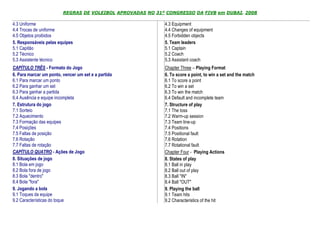 REGRAS DE VOLEIBOL APROVADAS NO 31º CONGRESSO DA FIVB em DUBAI, 2008

4.3 Uniforme                                                4.3 Equipment
4.4 Trocas de uniforme                                      4.4 Changes of equipment
4.5 Objetos proibidos                                       4.5 Forbidden objects
5. Responsáveis pelas equipes                               5. Team leaders
5.1 Capitão                                                 5.1 Captain
5.2 Técnico                                                 5.2 Coach
5.3 Assistente técnico                                      5.3 Assistant coach
CAPÍTULO TRÊS - Formato do Jogo                             Chapter Three – Playing Format
6. Para marcar um ponto, vencer um set e a partida          6. To score a point, to win a set and the match
6.1 Para marcar um ponto                                    6.1 To score a point
6.2 Para ganhar um set                                      6.2 To win a set
6.3 Para ganhar a partida                                   6.3 To win the match
6.4 Ausência e equipe incompleta                            6.4 Default and incomplete team
7. Estrutura do jogo                                        7. Structure of play
7.1 Sorteio                                                 7.1 The toss
7.2 Aquecimento                                             7.2 Warm-up session
7.3 Formação das equipes                                    7.3 Team line-up
7.4 Posições                                                7.4 Positions
7.5 Faltas de posição                                       7.5 Positional fault
7.6 Rotação                                                 7.6 Rotation
7.7 Faltas de rotação                                       7.7 Rotational fault
CAPÍTULO QUATRO - Ações de Jogo                             Chapter Four - Playing Actions
8. Situações de jogo                                        8. States of play
8.1 Bola em jogo                                            8.1 Ball in play
8.2 Bola fora de jogo                                       8.2 Ball out of play
8.3 Bola "dentro"                                           8.3 Ball "IN"
8.4 Bola "fora"                                             8.4 Ball "OUT"
9. Jogando a bola                                           9. Playing the ball
9.1 Toques da equipe                                        9.1 Team hits
9.2 Características do toque                                9.2 Characteristics of the hit
 