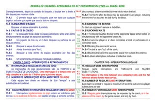 REGRAS DE VOLEIBOL APROVADAS NO 31º CONGRESSO DA FIVB em DUBAI, 2008

Conseqüentemente, depois do contato do bloqueio, a equipe tem o direito a     14.4.2     block contact, a team is entitled to three hits to return the ball.
três toques para retornar a bola.                                                        14.4.2 The first hit after the block may be executed by any player, including
                                                                              14.4.1
14.4.2      O primeiro toque após o bloqueio pode ser dado por qualquer                  the one who has touched the ball during the block.
jogador, inclusive por aquele que tocou a bola no bloqueio.
14.5 BLOQUEANDO O SAQUE                                                                  14.5 BLOCKING THE SERVICE
       Bloquear um saque adversário é proibido.                                          To block an opponent's service is forbidden.
14.6 FALTAS DE BLOQUEIO                                                       D11(12)    14.6 BLOCKING FAULTS
14.6.1      O bloqueador toca a bola no espaço adversário, tanto antes como    14.3      14.6.1 The blocker touches the ball in the opponents' space either before or
simultaneamente ao golpe de ataque do adversário;                                        simultaneously with the opponents' attack hit.
                                                                               14.1,
14.6.2      Um jogador de trás ou um Líbero bloqueia ou participa de um        14.5,
                                                                                         14.6.2 A back-row player or a Libero completes a block or participates in a
bloqueio efetivo;                                                             19.3.1.3   completed block.
14.6.3      Bloquear o saque do adversário;                                    14.5      14.6.3 Blocking the opponents' service.
                                                                              D11(12)
14.6.4      A bola é enviada para "fora";                                                14.6.4 The ball is sent "out" off the block.
                                                                                8.4
14.6.5      Bloquear a bola dentro do espaço adversário por fora das                     14.6.5 Blocking the ball in the opponent's space from outside the antenna.
antenas;                                                                      14.1.1
                                                                                         14.6.6 A Libero attempts an individual or collective block.
                                                                              19.3.1.3
14.6.6      Um Líbero tenta um bloqueio individual ou coletivo.
         CAPÍTULO CINCO - INTERRUPÇÕES & RETARDAMENTOS                                                  CHAPTER FIVE - INTERRUPTIONS & DELAYS
15. INTERRUPÇÕES REGULAMENTARES DO JOGO                                        15.4,     15. REGULAR GAME INTERRUPTIONS
                                                                               15.5
       As interrupções de jogo regulamentares são: os TEMPOS e as                        Regular game interruptions are TIME-OUTS and PLAYER
SUBSTITUIÇÕES DE JOGADORES. Uma interrupção é o tempo entre um                 8.1,      SUBSTITUTIONS.
                                                                               8.2
rally completo e o apito do 1º árbitro para o próximo saque.                             An interruption is the time between one completed rally and the 1st
15.1 NÚMERO DE INTERRUPÇÕES REGULAMENTARES DO JOGO                              6.2      referee’s whistle for the next service.
       Cada equipe tem direito ao máximo de dois "tempos" e seis               15.4,
                                                                               15.5
                                                                                         15.1 NUMBER OF REGULAR GAME INTERRUPTIONS
substituições em cada set.                                                               Each team is entitled to request a maximum of two time-outs and six player
                                                                                         substitutions per set.
15.2 SOLICITAÇÃO DE INTERRUPÇÕES REGULAMENTARES DO JOGO 5.1.2,                           15.2 REQUEST FOR REGULAR GAME INTERRUPTIONS
15.2.1      Interrupções regulamentares do jogo podem ser solicitadas pelo 5.2,          15.2.1 Regular game interruptions may be requested by the coach, or in the
                                                                              5.3.2
técnico, ou na ausência do técnico, pelo capitão em jogo, e somente por eles. 15,        absence of the coach, by the game captain, and only by them.
 